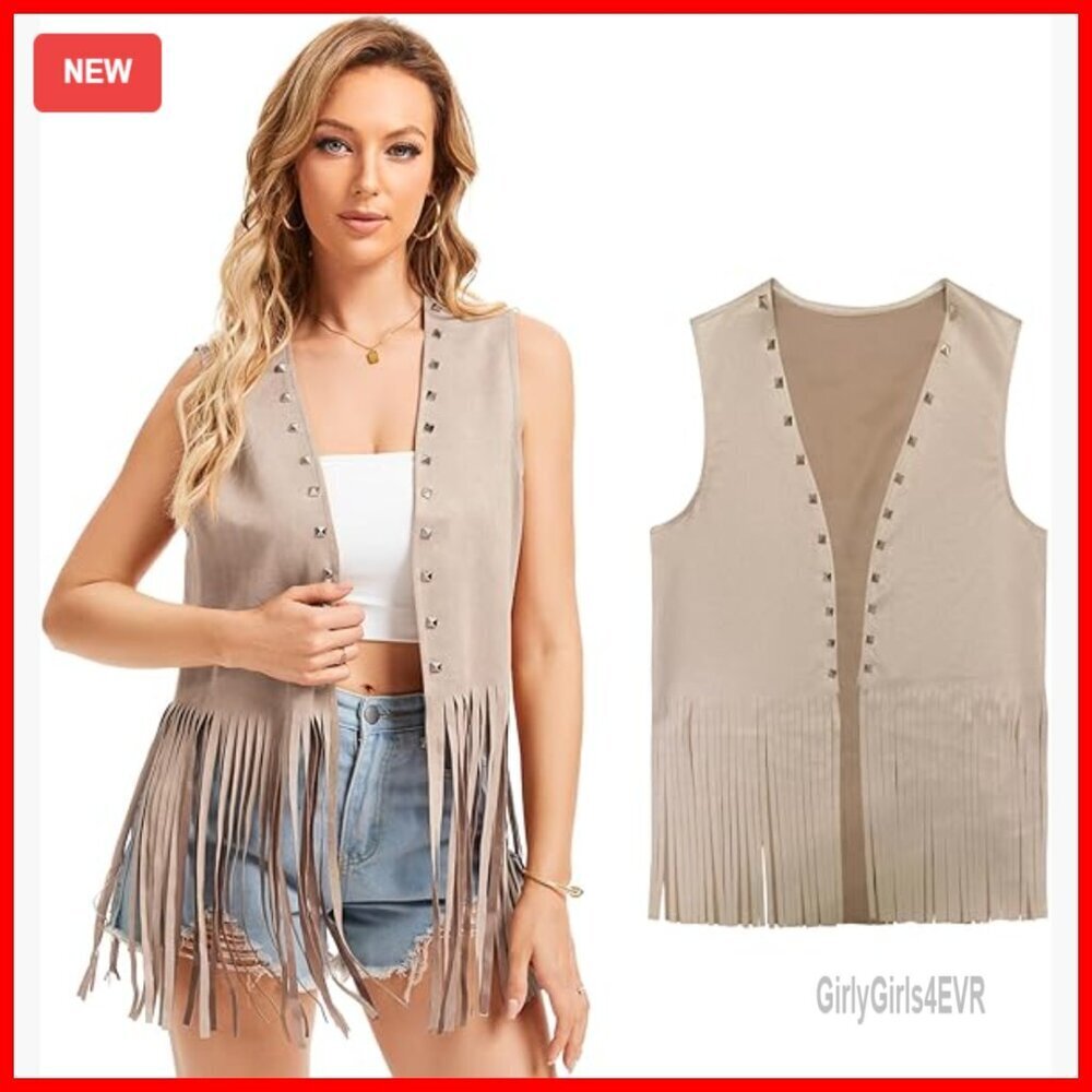 Women's Faux Suede Fringe Vest with Rivets Sleeveless Western Style